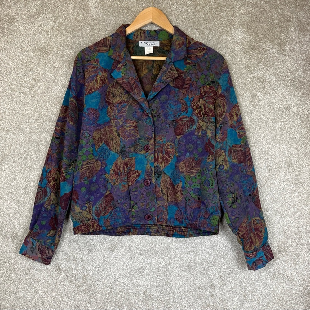 Kensington Square Vintage Jacket Womens Medium Purple Green Front Zip 90s- 1321*